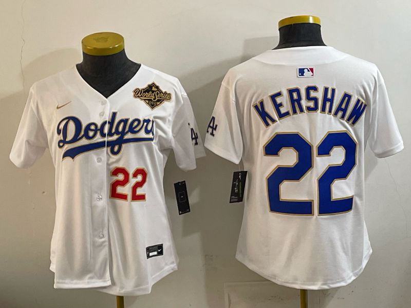 Women 2026 Los Angeles Dodgers #22 Kershaw White Gold Game Nike MLB Jersey style 02